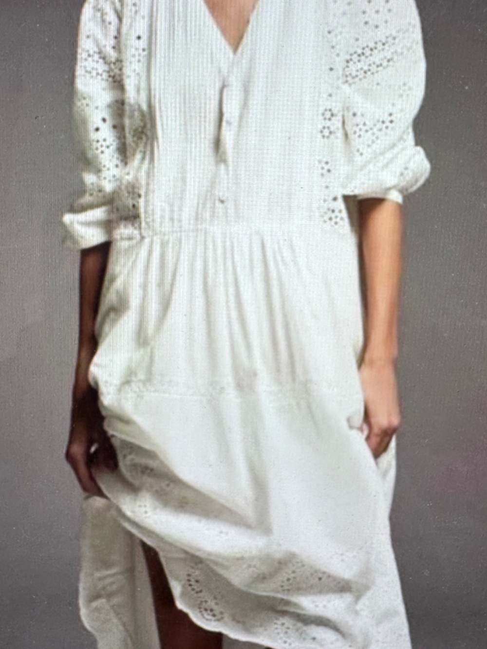 Pretty ZARA Oyster White Eyelet Embroidered Midi V Neck Lined Dress / Size Small - Picture 5 of 13